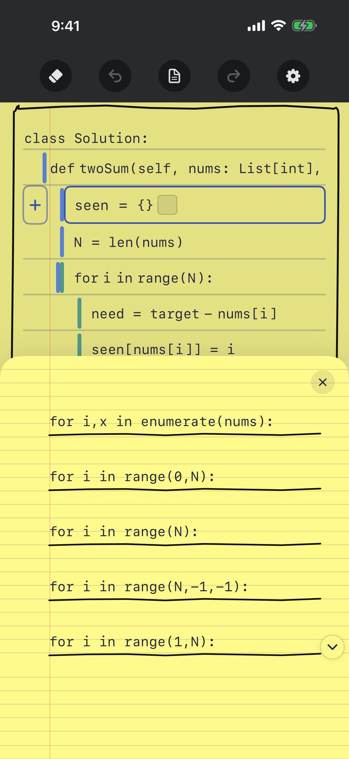 The code canvas, where the step-through debugger replays your solution