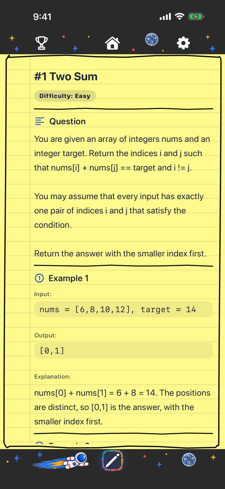 Two Sum question page with the problem statement, difficulty and a worked example