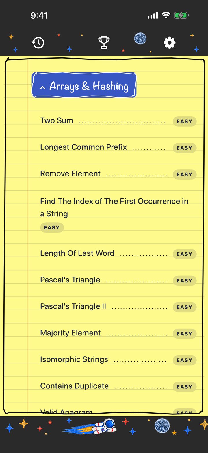 Question list in FAANG Coding Prep, with the Arrays & Hashing category open and difficulty labels for each question