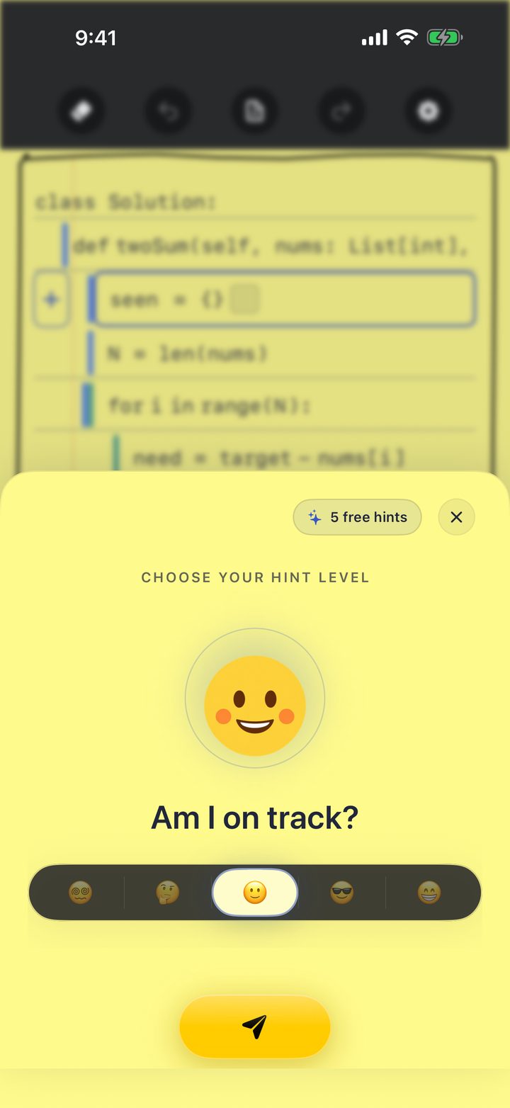Smart Hint level picker with emoji levels and the mood Am I on track