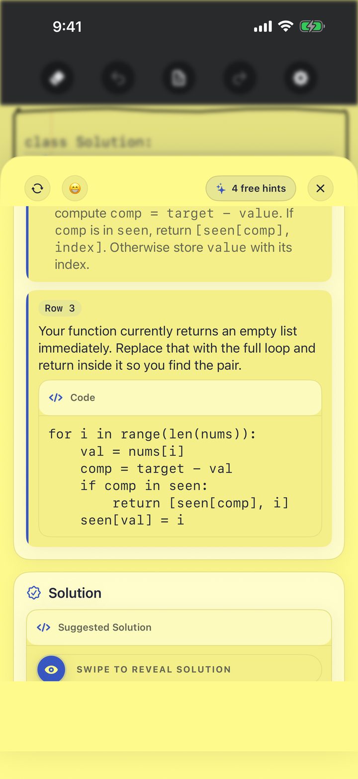 Smart Hint feedback explaining a mistake on a specific row, with a swipe to reveal solution control